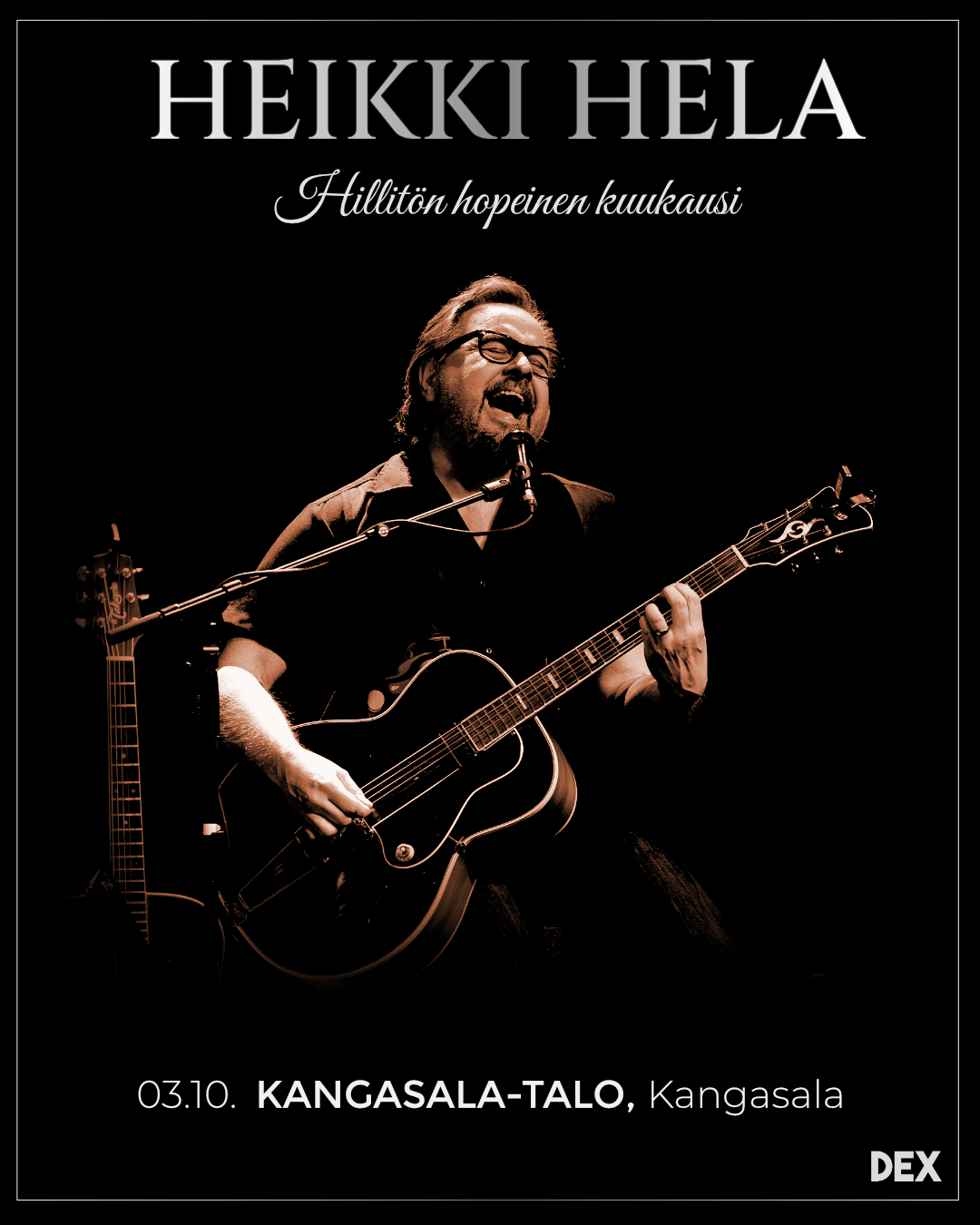 Kangasalan kultakurkku Heikki Hela saapuu Kangasala-taloon 3.10.2026 Hillitön hopeinen kuukausi -kiertueellaan. Luvassa Helan rakastetuimmat laulut ja tarinat niiden takana. Tule viettämään ilta suomalaisen viihteen moniottelijan kanssa!