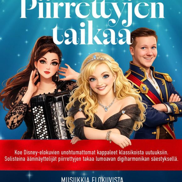 Koe Disney-elokuvien unohtumattomat kappaleet klassikoista uutuuksiin Kangasala-talossa 17.10.2026. Solisteina alkuperäiset ääninäyttelijät Nina Tapio ja Petrus Kähkönen Netta Skogin lumoavan digiharmonikan säestyksellä.