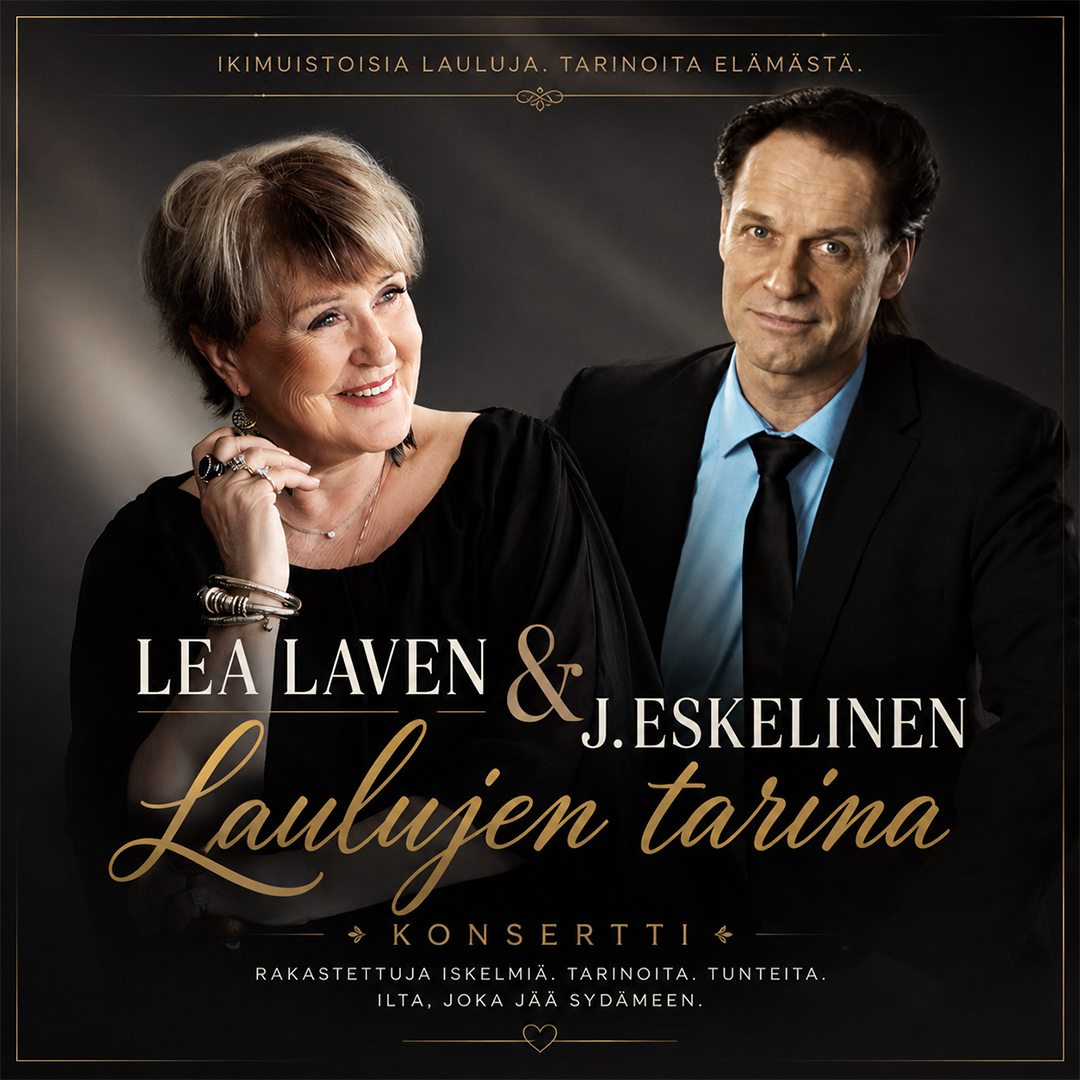 Lea Laven ja J. Eskelinen tuovat Laulujen tarina -konsertin Kangasala-taloon 23.1.2027. Koe rakastetut iskelmäklassikot ja koskettavat tulkinnat.